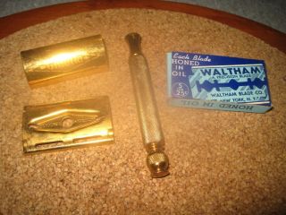 Vintage Collectible Shiny Solid Brass Gillette Take Apart Razor & Box Of Blades.