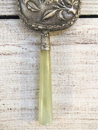 Vintage Asian Silver Small Handheld Mirror Jade Handle 3
