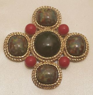 Large 3.  5 " Vintage Sarah Coventry Signed Goldtone Red And Green Statementbrooch