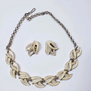 Vintage West Germany Enamel Leaf Necklace & Earring Jewelry Set Gold - Tone