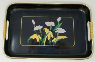 Vintage Black And Pink Japanese Flowered Plastic Dresser Tray With Handles