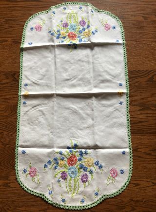 Vintage Hand Embroidered Floral Table Runner Dresser Scarf With Crocheted Edge 2