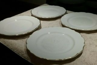 Vintage Syracuse China 9 - 3/4 " Dinner Plates - Wht W/gold Trim Line - Set Of 4