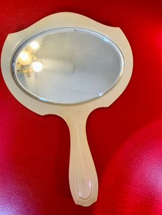 Vintage Celluloid Ivory Hand Held Vanity Mirror Oval W/ Beveled Glass 11 " Tall