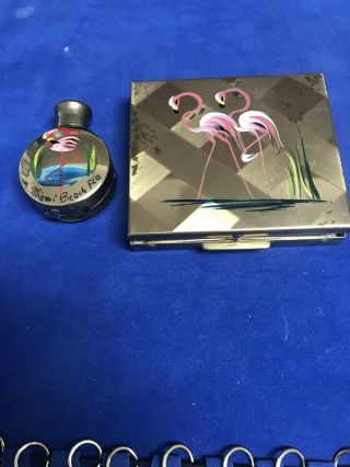 Vintage Miami Beach Florida Miniature Empty Perfume Bottle & Compact (ff)