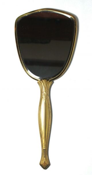 Vintage Antique Mid - Century Art Deco Hand Held Brass Mirror W/ Lace Decoration