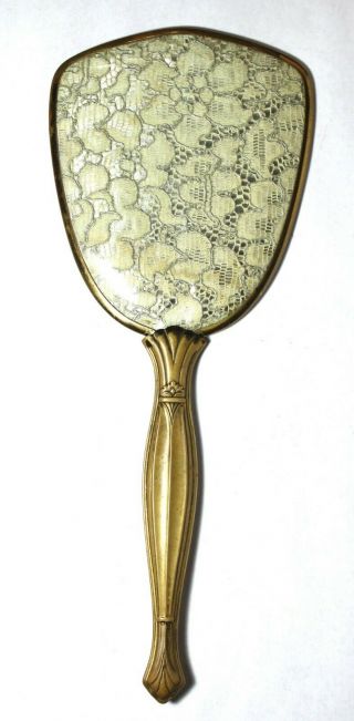 Vintage Antique Mid - Century Art Deco Hand Held Brass Mirror w/ Lace Decoration 3