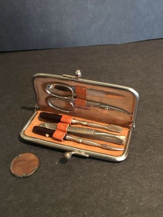 Vintage 1950s West Germany Nail Kit Manicure Set Leather Purse Case - Clip Top