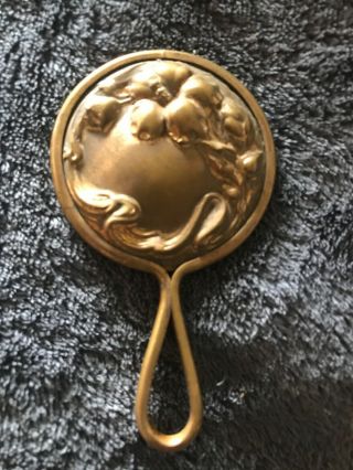 Vintage Small 3.  5” Hand Mirror Brass (?) Floral Back