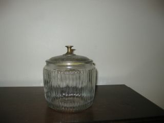Vintage Anchor Hocking Clear Glass Ribbed Canister Jar With Metal Lid