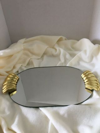 Oval Mirrored Vanity Perfume Bottle Dresser Tray With Gold Handles