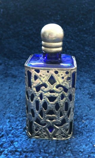 Vintage Art Nouveau Cobalt Blue Perfume Bottle W/silver - Toned Metal Overlay