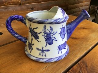 Vintage Ceramic Watering Can Planter Blue Insect Design 6 Inches Tall