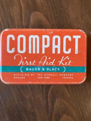 Compact First Aid Kit (bauer & Black) Kendall Co.  Tin Orange & Green Vintage