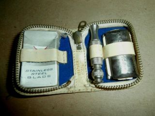 Vintage Gillette Travel Case Shaving Razor & Blades - Germany Leather