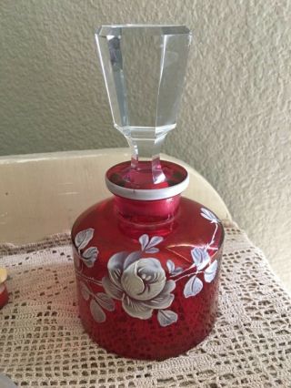 Vintage Cranberry Glass Etched Floral Perfume Bottle With Stopper