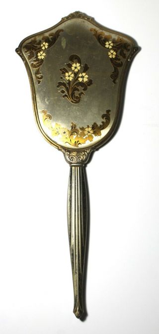 Vintage Antique Mid - Century Art Deco Hand Held Brass Mirror W/ Floral Inlay