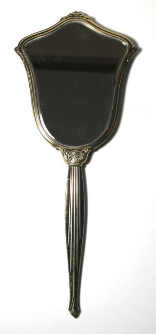 Vintage Antique Mid - Century Art Deco Hand Held Brass Mirror w/ Floral Inlay 2