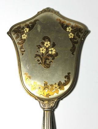 Vintage Antique Mid - Century Art Deco Hand Held Brass Mirror w/ Floral Inlay 3