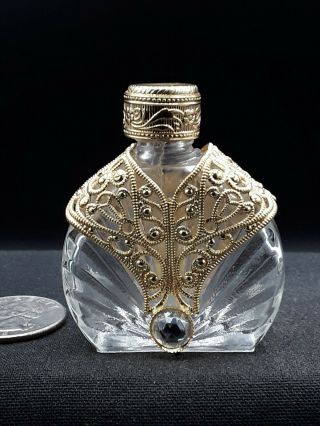 Vintage Czech Perfume Bottle With Gold Filigree And Faceted Stone