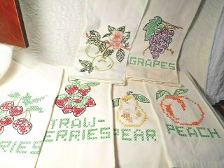 6 Vintage Hand Embroidered Cotton Dishcloths W/ Fruit Designs
