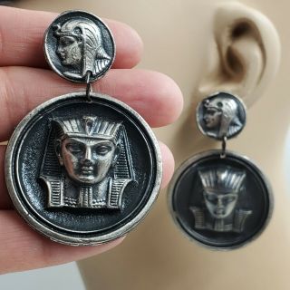 Vtg Well Made Large Silver Pewter Egyptian Pharaoh Drop Dangle Pierced Earrings