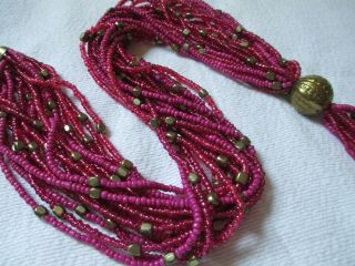 Vintage Magenta Pink & Gold Glass Seed Bead Long Tassle Necklace