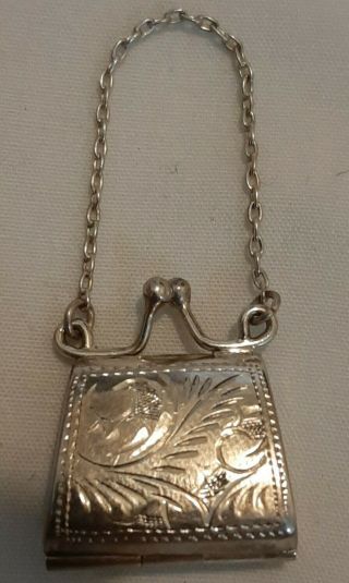 Vintage Sterling Silver Purse Locket Pill Box Pendant Chain Handle Floral Design