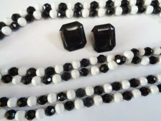 Vintage 56 Inch Long Black Glass White Plastic Beaded Necklace & Enamel Earrings
