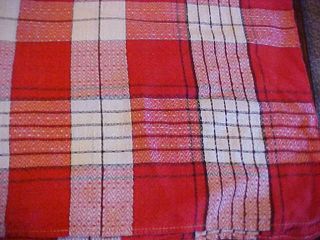 Vintage Red & White Check Woven Linen Tablecloth 48 X 48