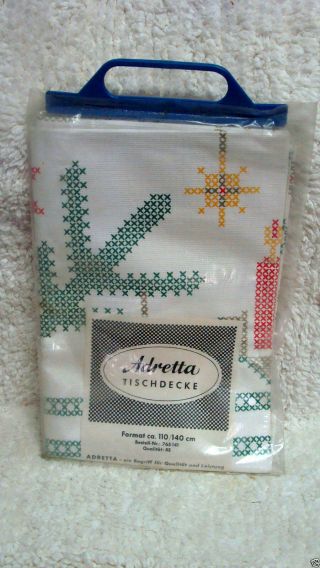 Vintage Adretta German Vinyl Tablecloth Cross Stitch Christmas 53  X 43 1/2