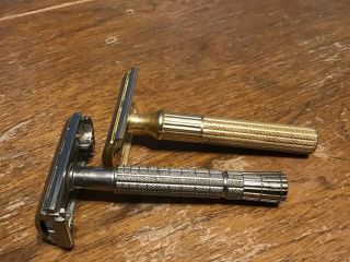 2 Vintage Safety Razors A3 Gillette Flair Tip.  Gold Plated Plated No Adjustable
