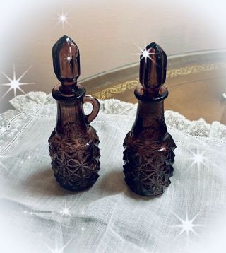 Antique Set Of 2 Glass Purple Amethyst Cruet Perfume Bottles 6 " Tall