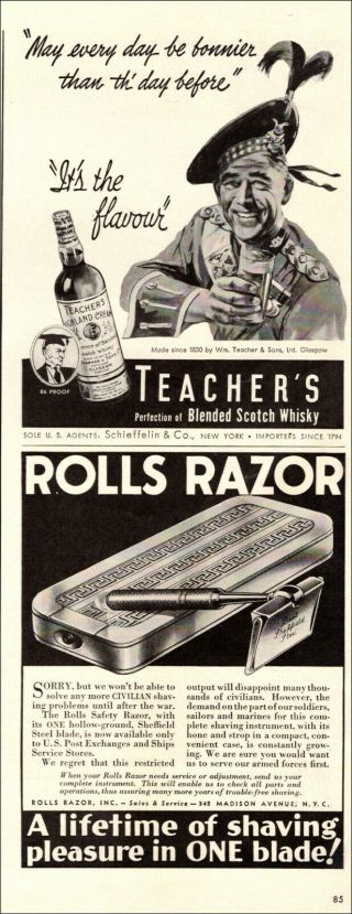 1943 Ww2 Ads Rolls Single Blade Safety Razor & Teachers Scotch Whiskey 030119