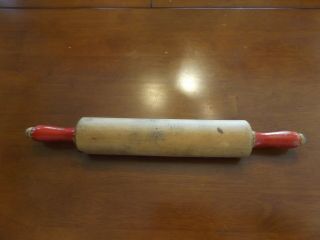 Vintage Red Handle Wooden Rolling Pin Farmhouse Rustic 17 "