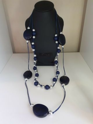 Vintage Long Navy Blue Ball Pearl Bead Necklace Costume Jewellery Vgc Stylish