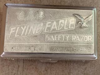1960s Vintage " Flying Eagle " Yellow Safety Razor Set - Shanghai - Silver Tone Box