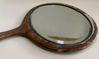 Vintage Wooden Handheld Vanity Mirror Beveled Oval Shaped