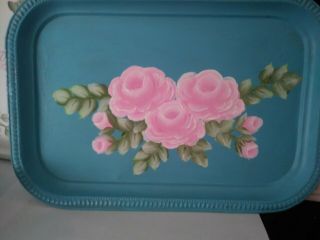 Vintage Shabby Chic Hand Painted Pink Roses Blue Silver Plate Dresser Tray