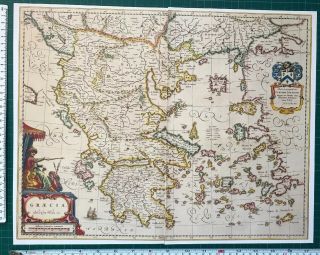 Historic Antique Vintage Colour Blaeu Map Of Greece,  Europe 1640 1600 