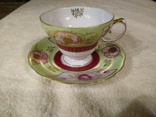 Vintage 1945 - 52 Ucagco China Japan Tea Cup & Saucer Green,  Pink Gold Flowers