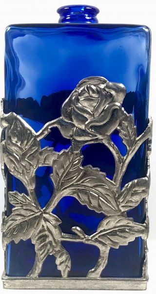 Vintage Cobalt Blue Glass Square Perfume Bottle In Flowered Metal Overlay