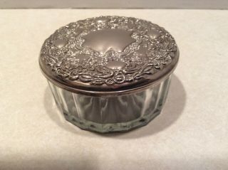Vintage Clear Glass Trinket Dish With Silver Ornate Lid