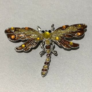Retro Vintage Large Dragonfly Brooch Silver Tone Amber Brown Colour Stone Enamel