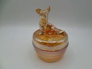 Vintage Jeannette Glass Marigold Carnival Glass Vanity Box Scottie Dog On Lid