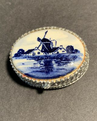 Small Vintage Pill Box Hand Painted On Porcelain Wind Mill
