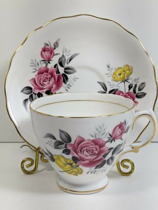 Vintage Royal Vale Teacup & Saucer Bone China England Pink & Yellow Roses