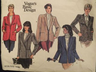 Vtg 80s Vogue Basic Design 1193 Ms Jacket In 5 Variations Pattern 14/36b