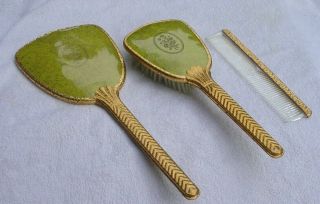Vintage 3 Pc Vanity Set Hair Brush Hand Mirror & Comb Yellow Green 1960s
