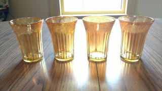 Vintage Set Of 4 Marigold Iridescent Carnival Glass Glasses